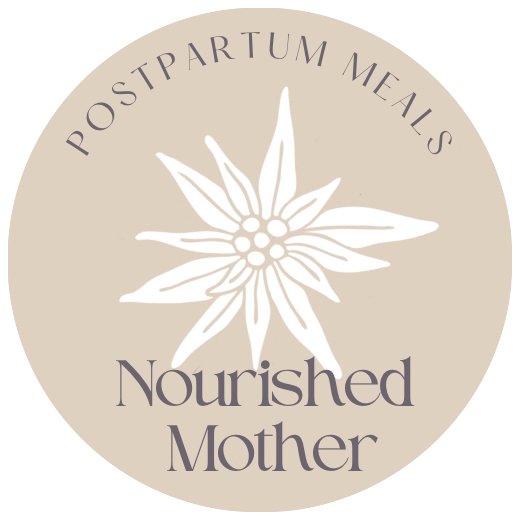 A beige and white logo of nourished mother, a business providing nutritionally approved meals in Meggen Luzern. 