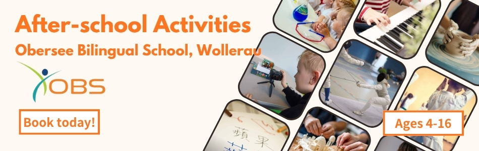 Werbebanner der Obersee Bilingual School (OBS) in Wollerau: After-school Activities für Kinder von 4 bis 16 Jahren, mit Fotos von Fechten, Klavier, Robotik, Kalligrafie und Töpfern – Jetzt buchen.