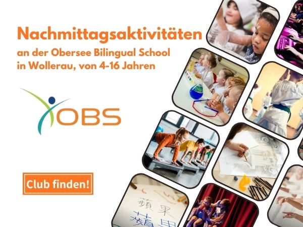 Werbebanner für Nachmittagsaktivitäten an der Obersee Bilingual School (OBS) in Wollerau für Kinder von 4-16 Jahren, mit Fotocollage aus Naturwissenschafts-, Kampfsport-, Kunst- und Turnclubs.