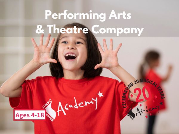 Simply Theatre performing arts academy banner celebrating 20 years, ages 4-18