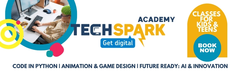 TechSpark Academy banner advertising coding classes for kids and teens, with a photo of a teenager with green hair typing at a desktop computer.