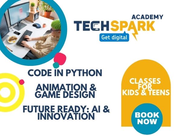 TechSpark Academy banner advertising coding classes for kids and teens, with a photo of a teenager with green hair typing at a desktop computer.