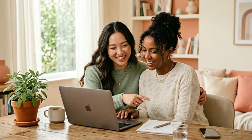 Couple creating a personalised wedding website on laptop at home