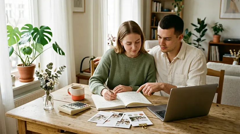 Couple calmly reviewing wedding budget and planning notes at home