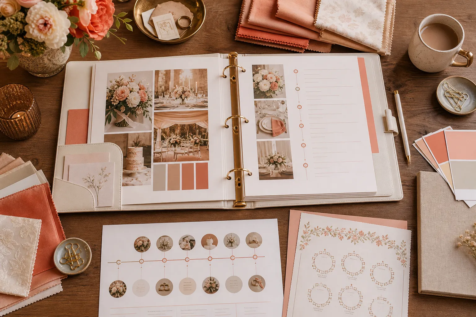 Wedding planner binder open on a desk with fabric swatches, printed timeline and a paper seating chart