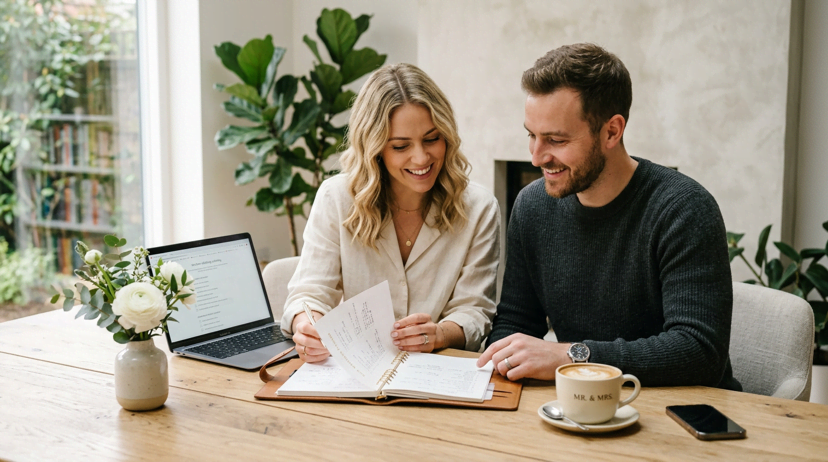 Couple reviewing wedding checklist and timeline on laptop, staying organised