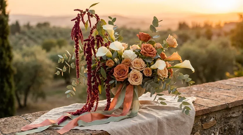 Sculptural wedding floral arrangement with warm terracotta and cream blooms on a Mediterranean terrace