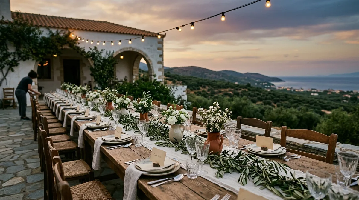 A long wooden wedding table on a Cretan villa terrace at dusk, olive branches and place cards, the sea behind