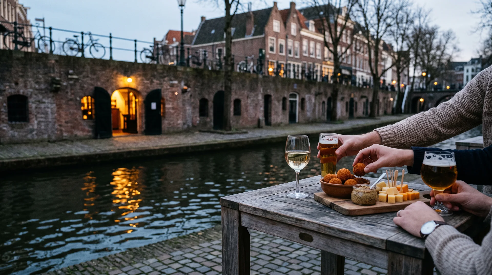 Hands reaching for drinks, bitterballen and cheese on a table beside an Utrecht canal at dusk, with bicycles and gabled brick houses behind