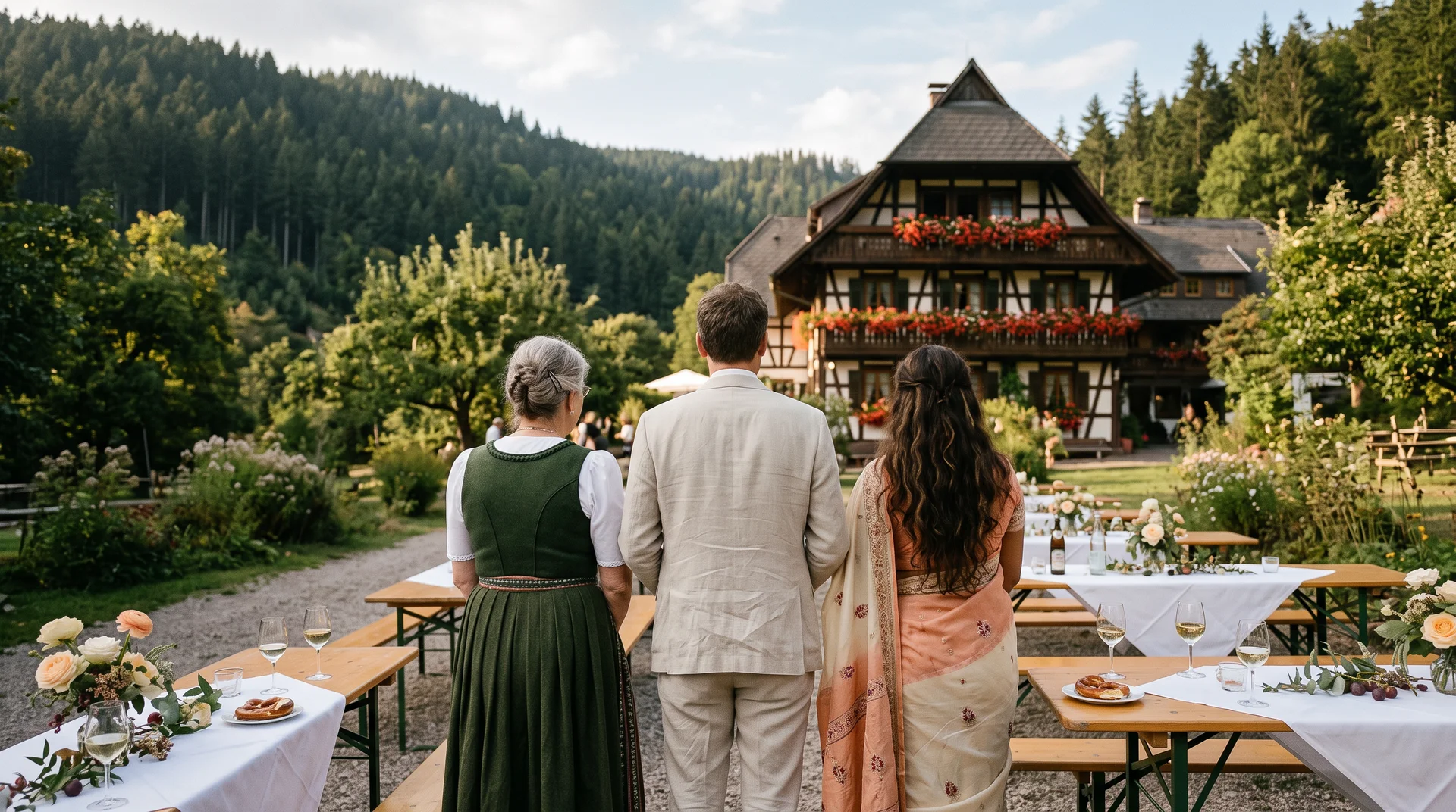 Three wedding guests seen from behind, in a dirndl, a linen suit and a sari, facing a half-timbered Black Forest inn with beer-garden tables and pretzels