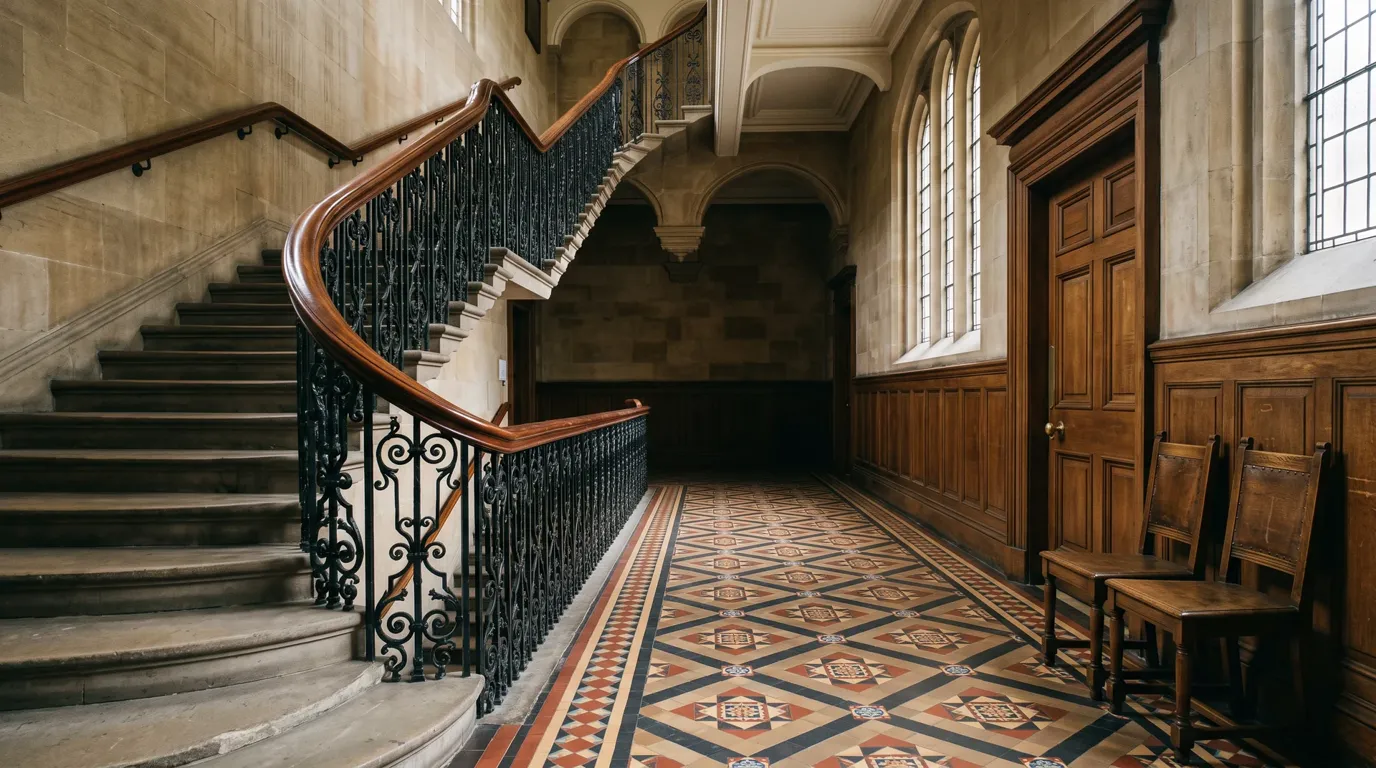 Victorian town hall interior with a curving stone staircase, wrought-iron balustrade, tiled corridor and two wooden chairs beside a panelled door