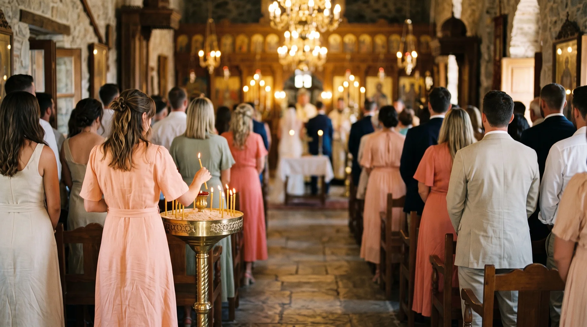 Guests seen from behind in a candlelit Orthodox church during a wedding, one lighting a candle while the couple stand at the front