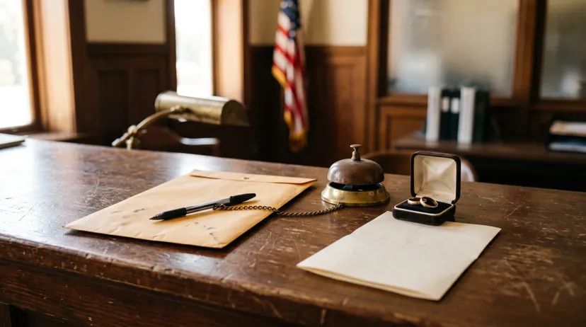 County clerk counter with a manila envelope, a pen on a chain, a brass desk bell and two gold wedding bands in an open ring box