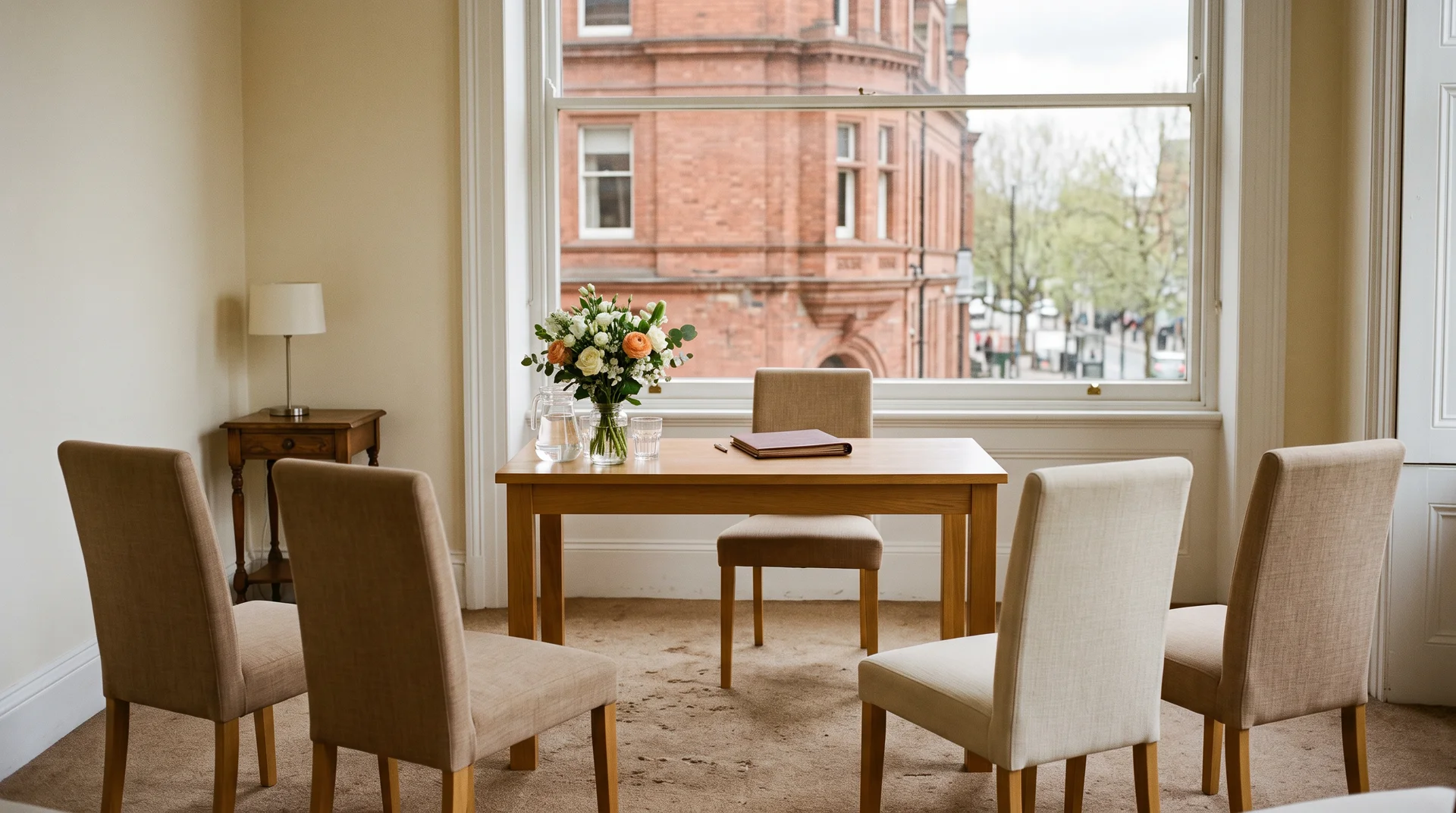Small registry office ceremony room with upholstered chairs around a table holding a bouquet in a glass jar, red-brick building through the window