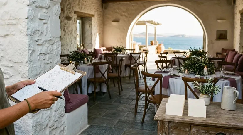 A venue coordinator holding a clipboard with a table plan in a whitewashed Greek island reception room, round tables and the sea beyond