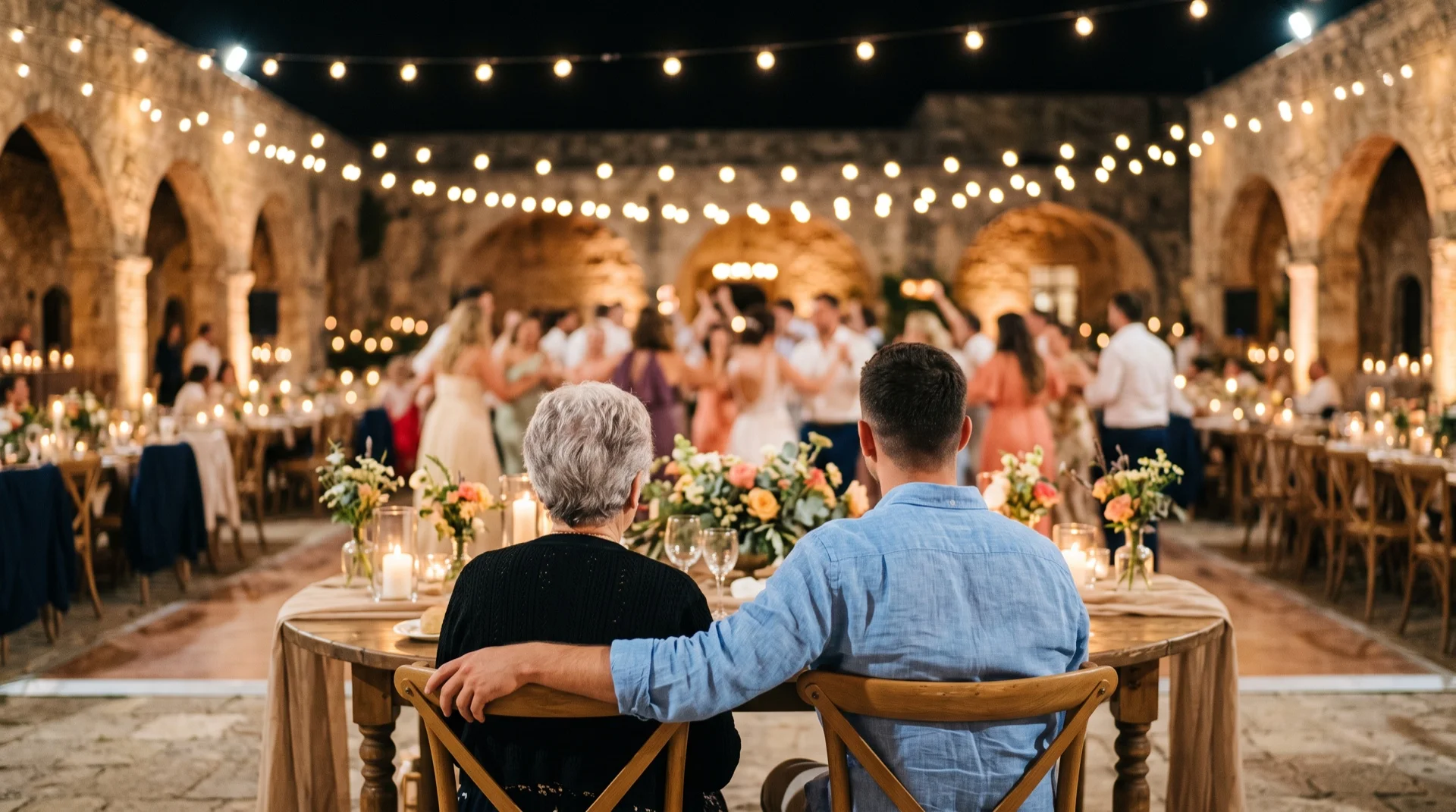 An older woman and a younger man seen from behind at a candlelit table, watching guests dance in a stone courtyard under string lights