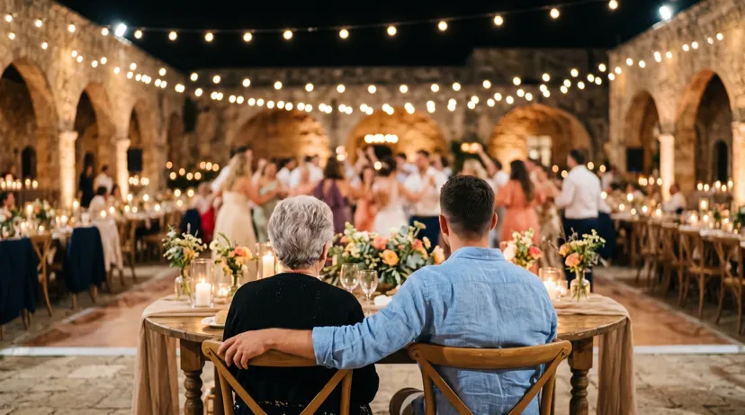 An older woman and a younger man seen from behind at a candlelit table, watching guests dance in a stone courtyard under string lights