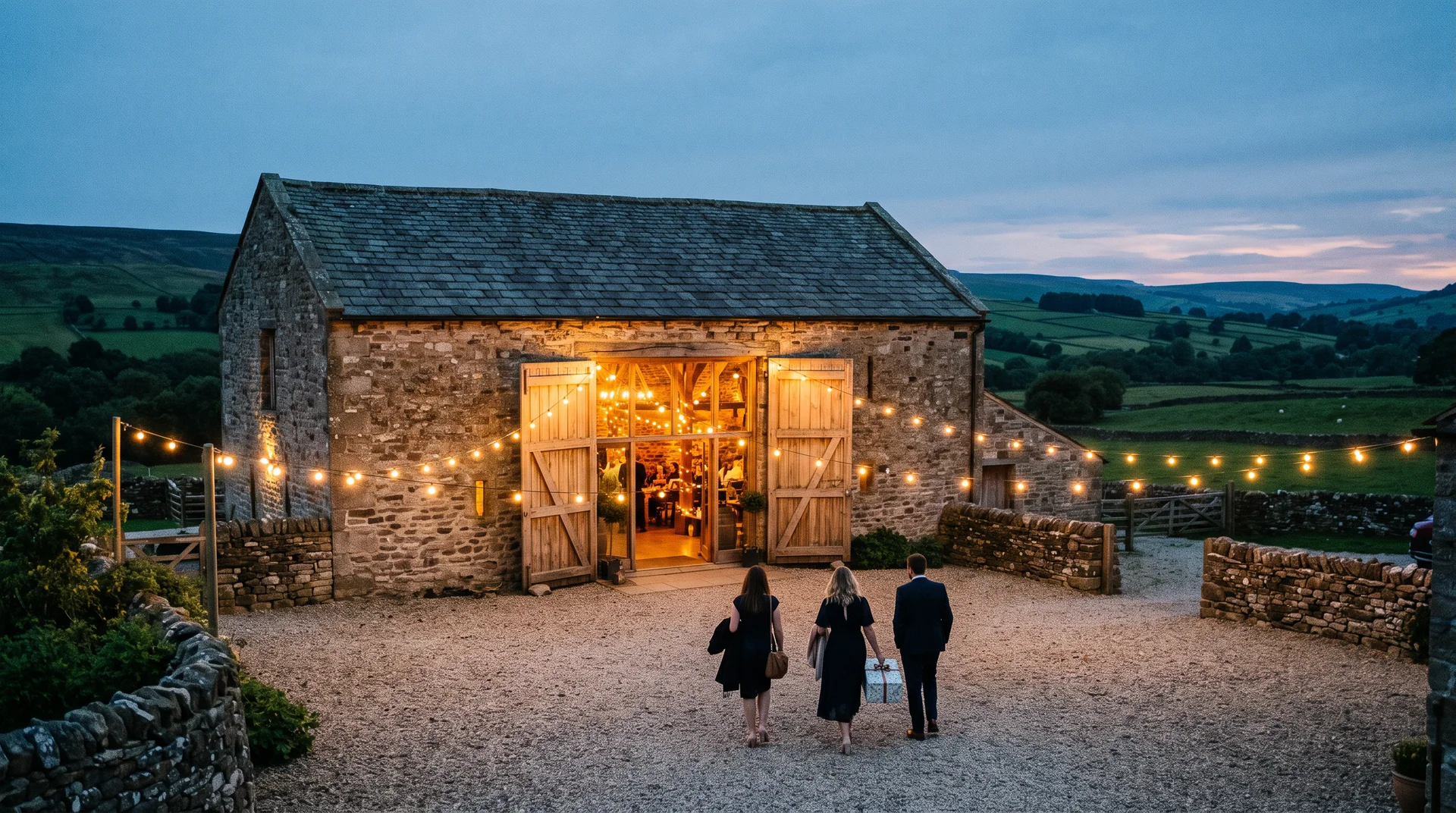 Three evening wedding guests seen from behind, one carrying a wrapped gift, walking towards a lit stone barn with festoon lights in the Yorkshire Dales at dusk