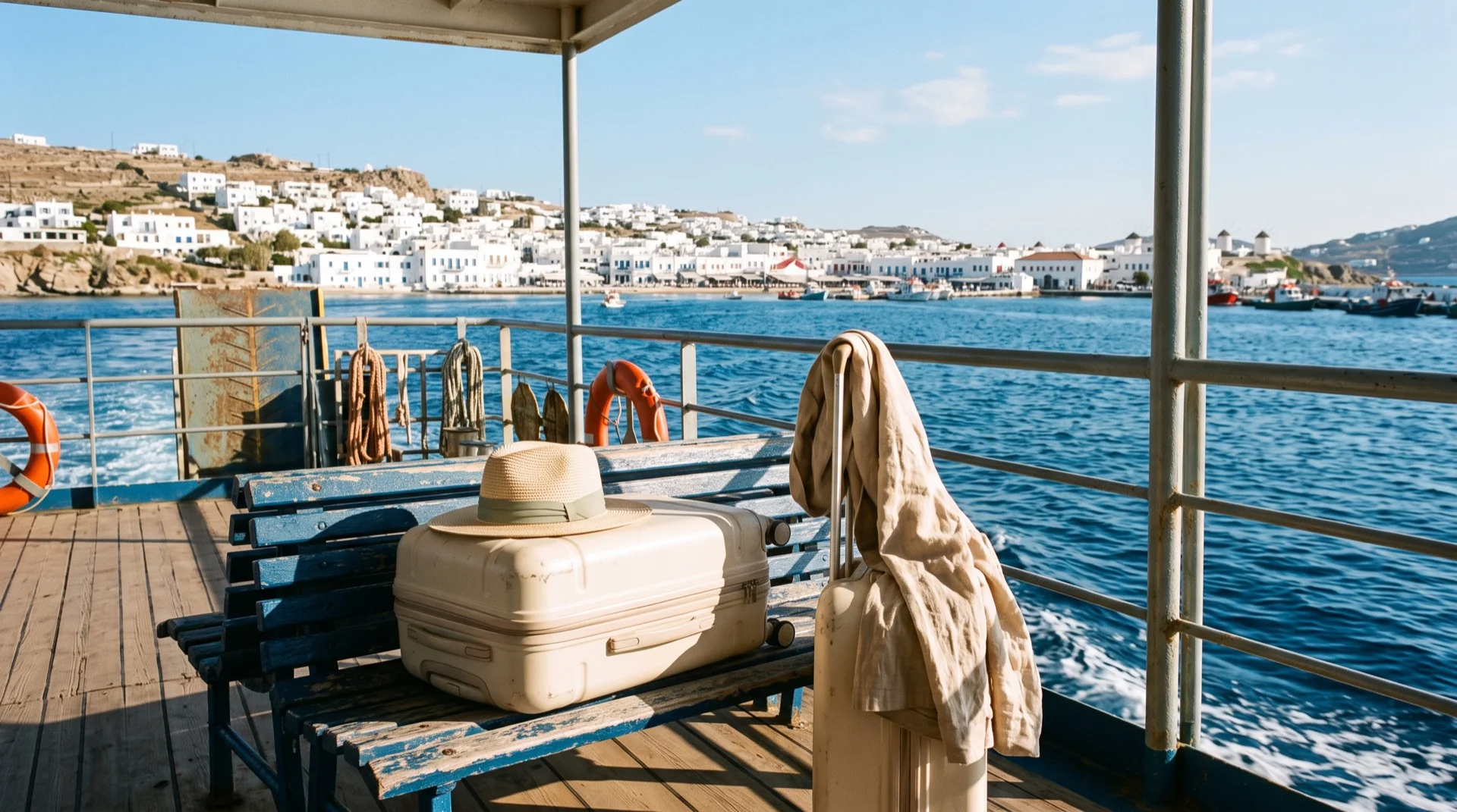 Βαλίτσες, ψάθινο καπέλο και λινό σακάκι στο κατάστρωμα πλοίου που πλησιάζει λιμάνι των Κυκλάδων
