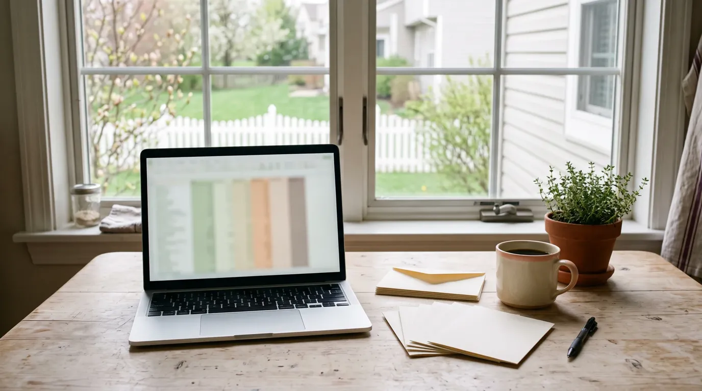 Kitchen table with a laptop showing a guest spreadsheet, blank RSVP reply cards, envelopes and a coffee mug, with suburban houses outside the window
