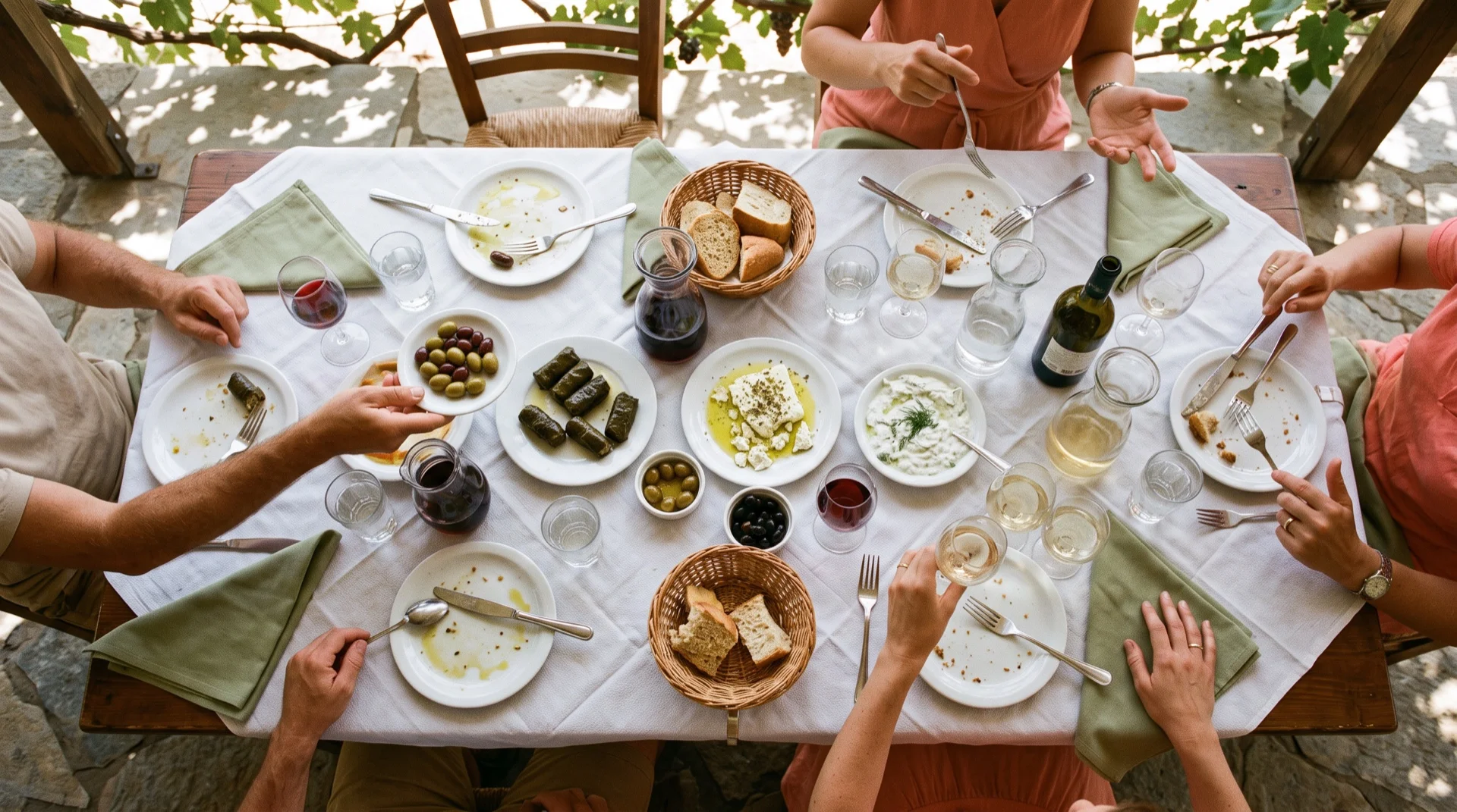 Μακρύ τραπέζι ταβέρνας από ψηλά κάτω από κληματαριά, με ντολμαδάκια, φέτα, τζατζίκι, ψωμί και κρασί