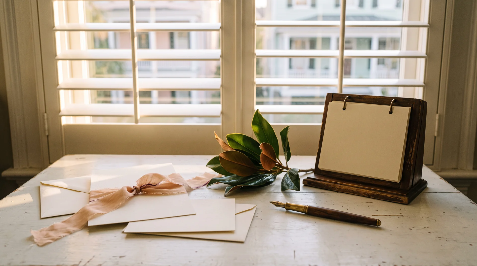Blank wedding invitations tied with a blush ribbon, a magnolia sprig, a fountain pen and a wooden flip calendar on a white desk by louvred shutters