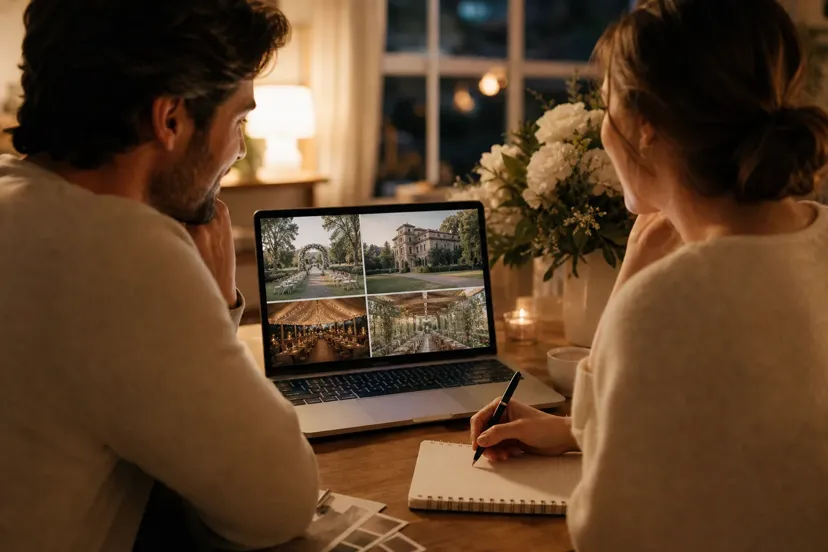 Couple using AI tools to research wedding venues on a laptop with notes and a venue shortlist