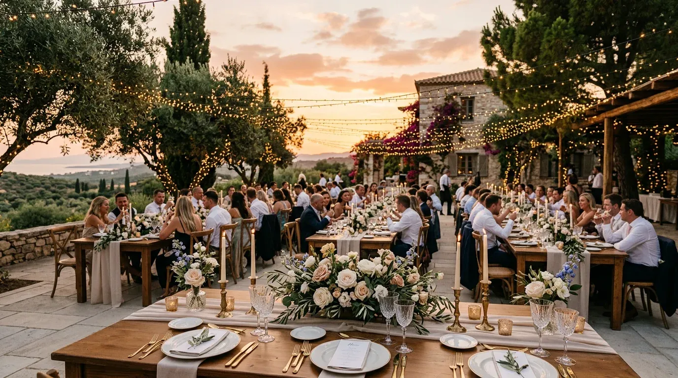 Athens-area wedding estate at dusk with garden lights and reception setup