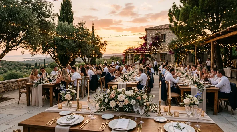 Athens-area wedding estate at dusk with garden lights and reception setup