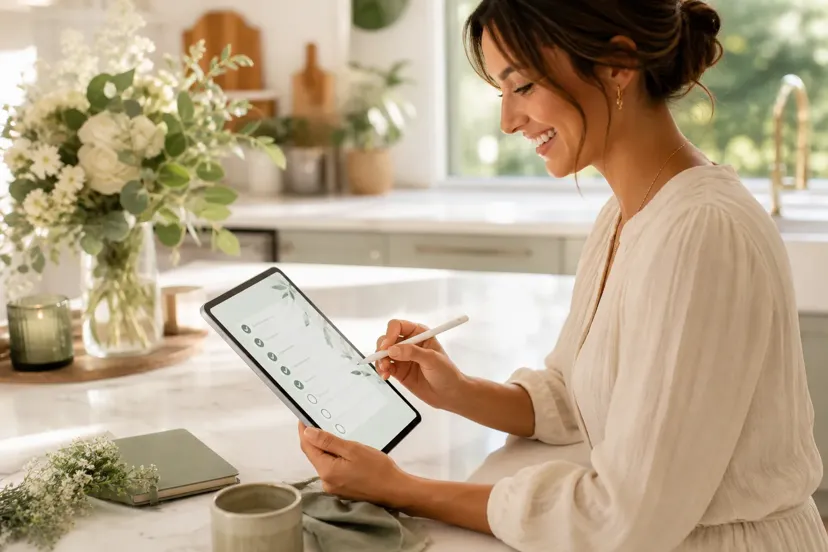 Couple comparing free wedding planning checklists with budget and guest list notes