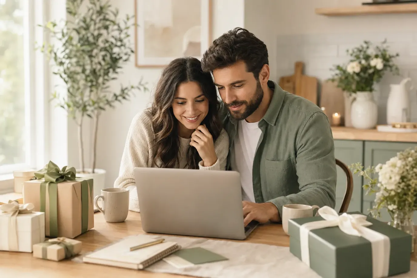 Couple reviewing a wedding registry on a laptop at home