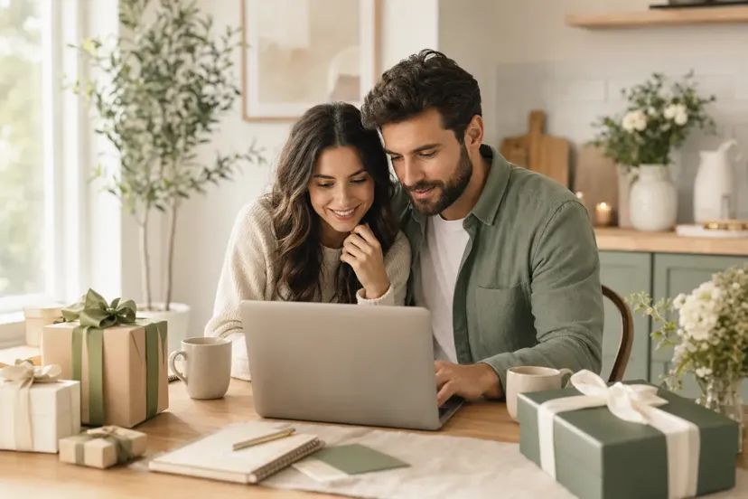 Couple reviewing a wedding registry on a laptop at home