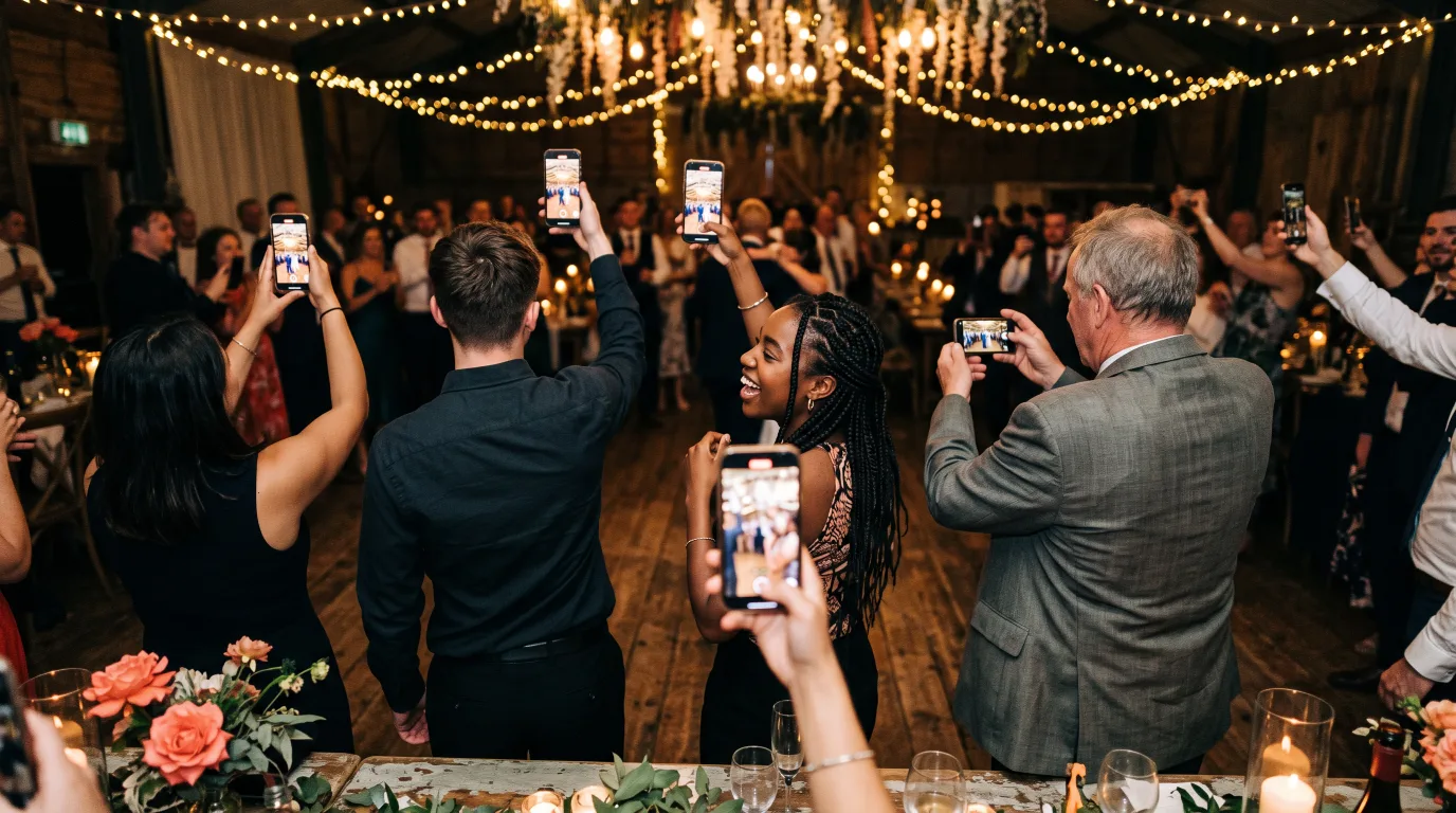 Wedding guests holding phones up to photograph the reception under warm string lights