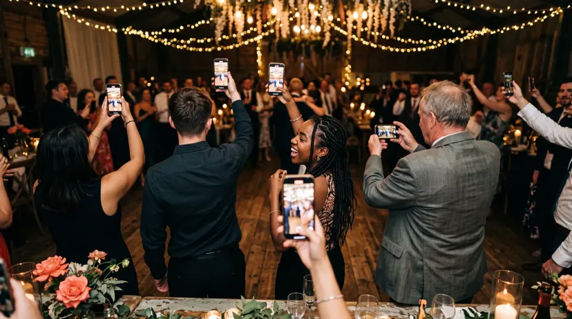 Wedding guests holding phones up to photograph the reception under warm string lights