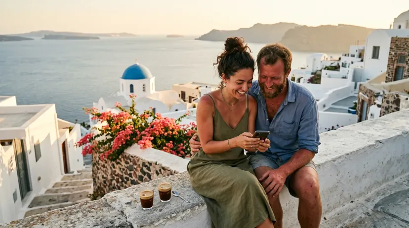 Couple planning their Greek wedding on a phone from a Cycladic terrace above the Aegean at sunset