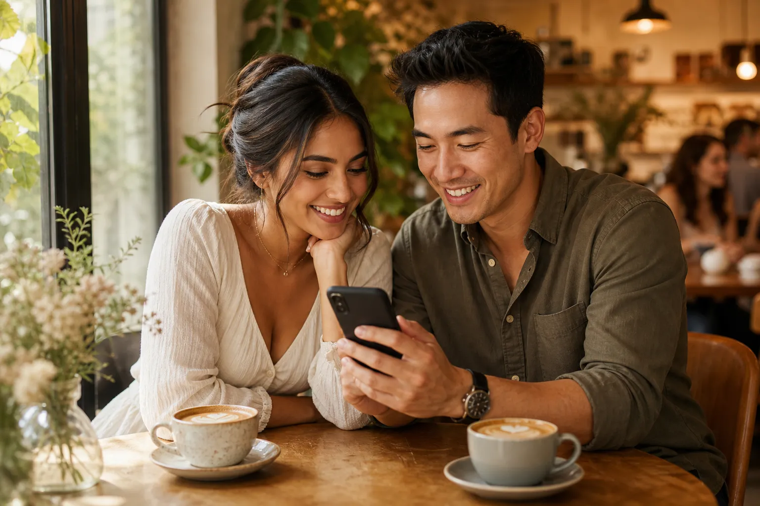 Couple comparing wedding planning apps on a phone during a venue visit