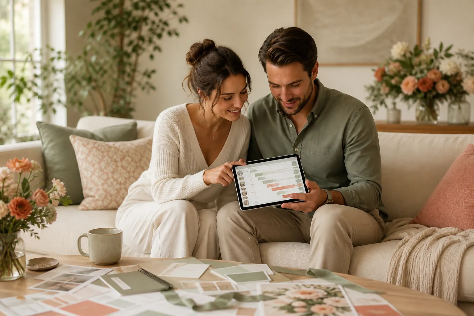 Couple planning their own wedding with a checklist, laptop, and venue notes
