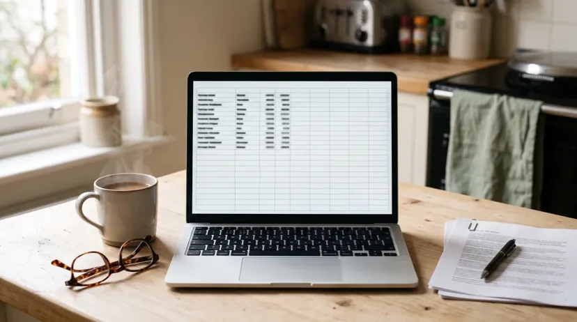 Free wedding guest list template open as a spreadsheet on a laptop in a bright kitchen