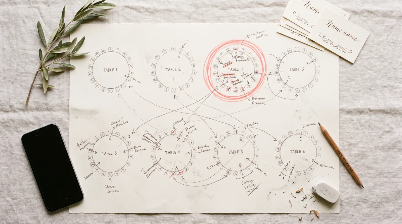 Hand drawn wedding seating chart of round tables with guests moved between tables and place cards
