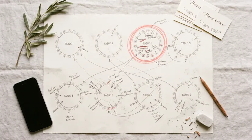 Hand drawn wedding seating chart of round tables with guests moved between tables and place cards