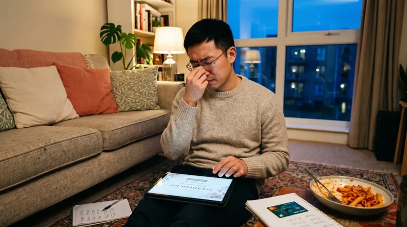 Man reviewing a free wedding website on a tablet at home with a bank card and budget notes beside him