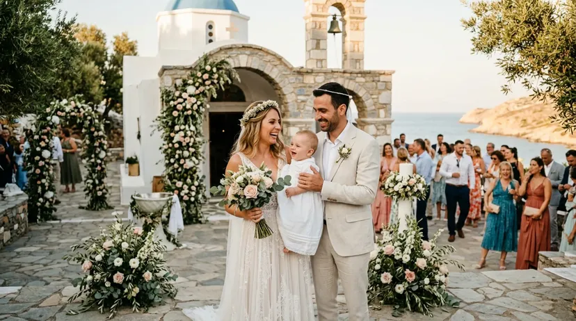 Couple planning a combined wedding and baptism celebration with white flowers and christening details at a church