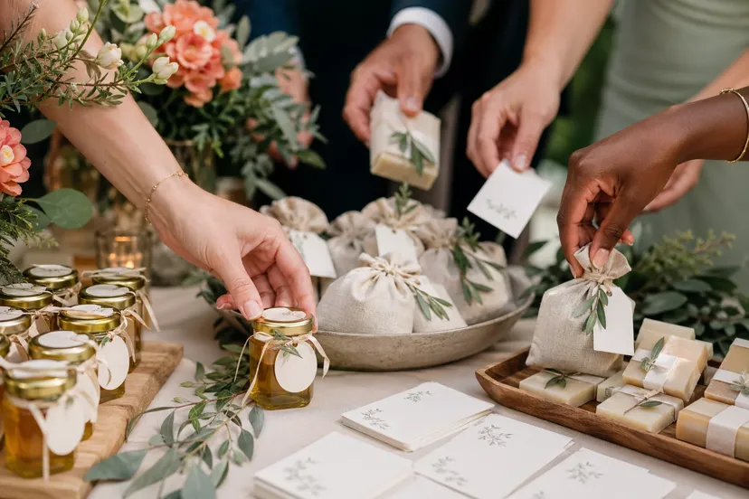 Wedding guests smiling while receiving thoughtful wedding favours