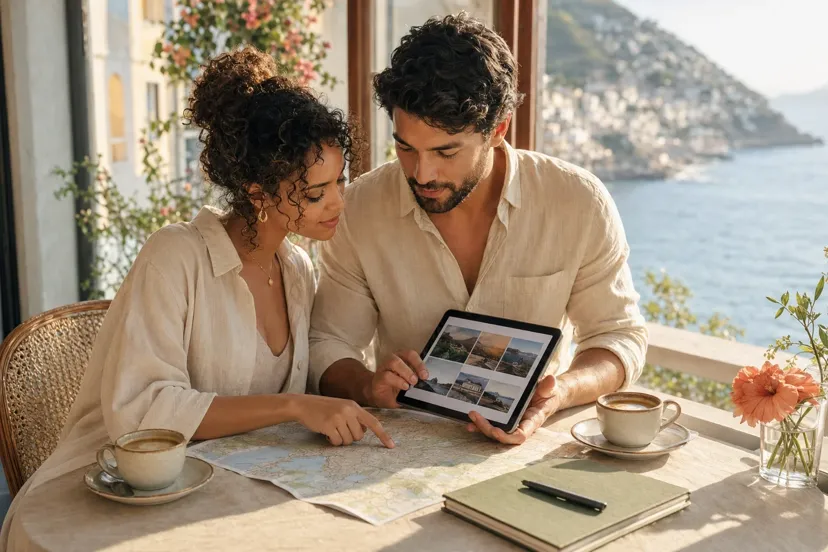 Couple comparing honeymoon destinations based on travel style