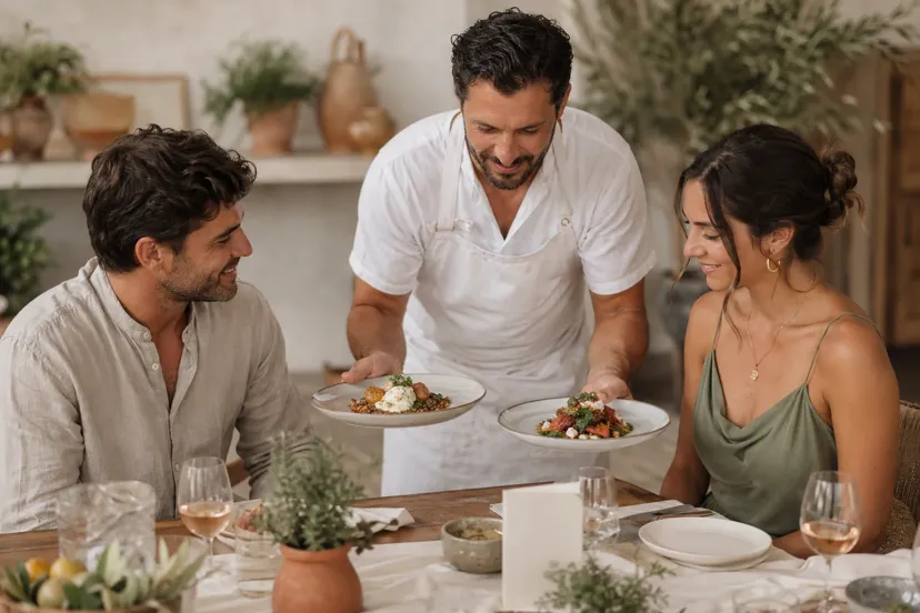 Wedding couple reviewing menu options with their caterer