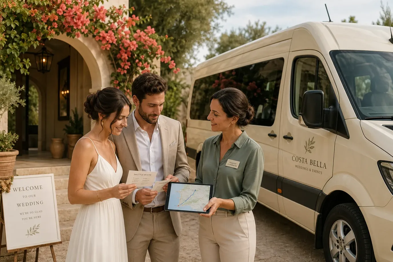 Couple planning wedding transportation routes and arrival times