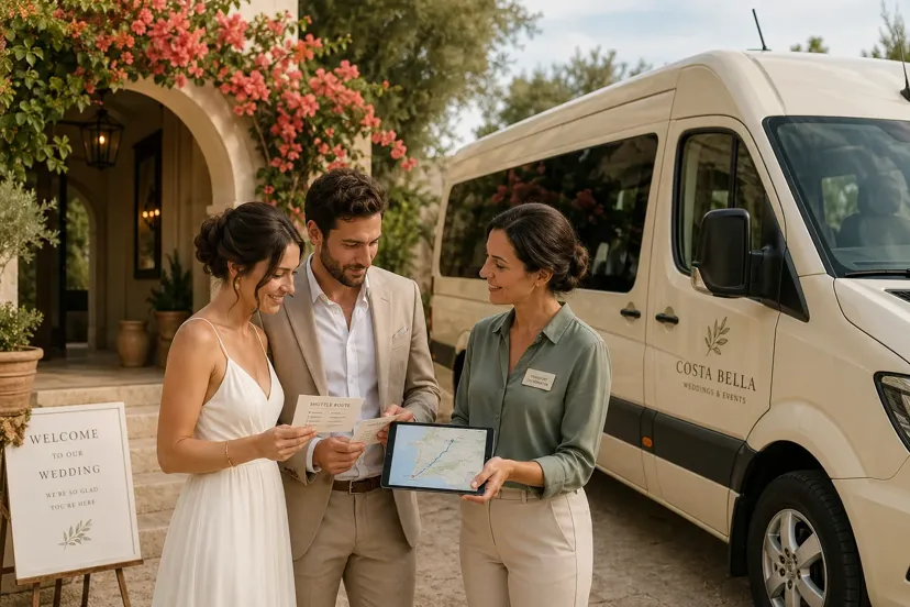 Couple planning wedding transportation routes and arrival times