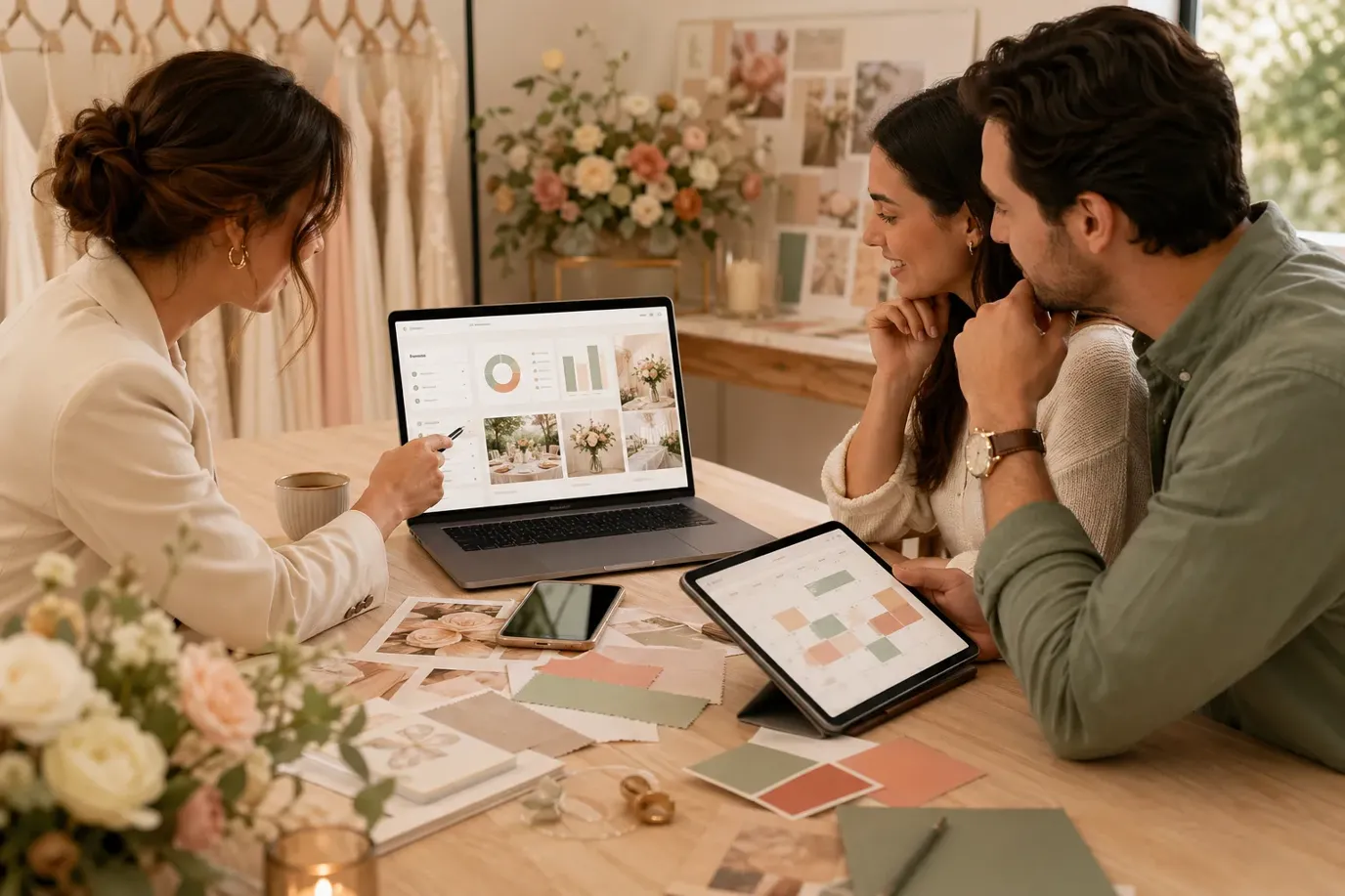 Couple and wedding planner comparing wedding planning software on a laptop