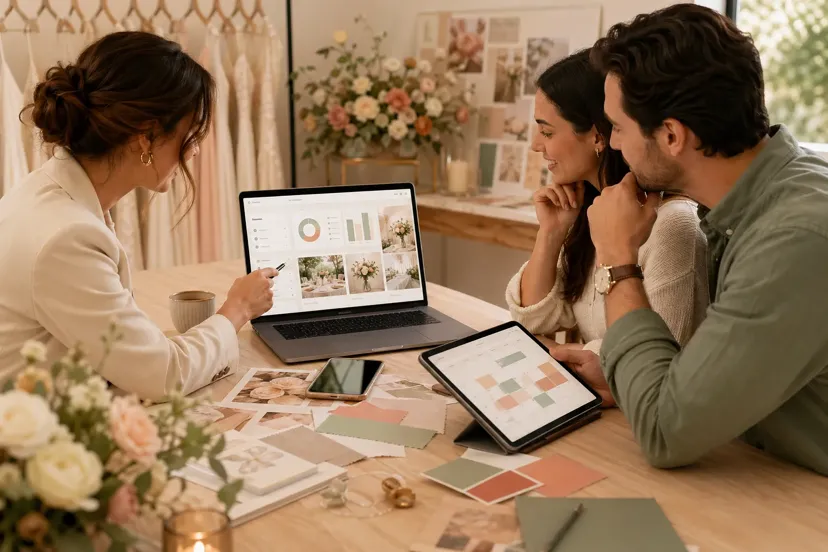 Couple and wedding planner comparing wedding planning software on a laptop