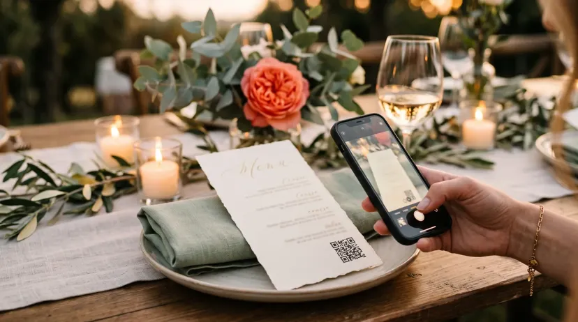 Guest scanning a QR code on a wedding menu card to upload photos to the couple gallery